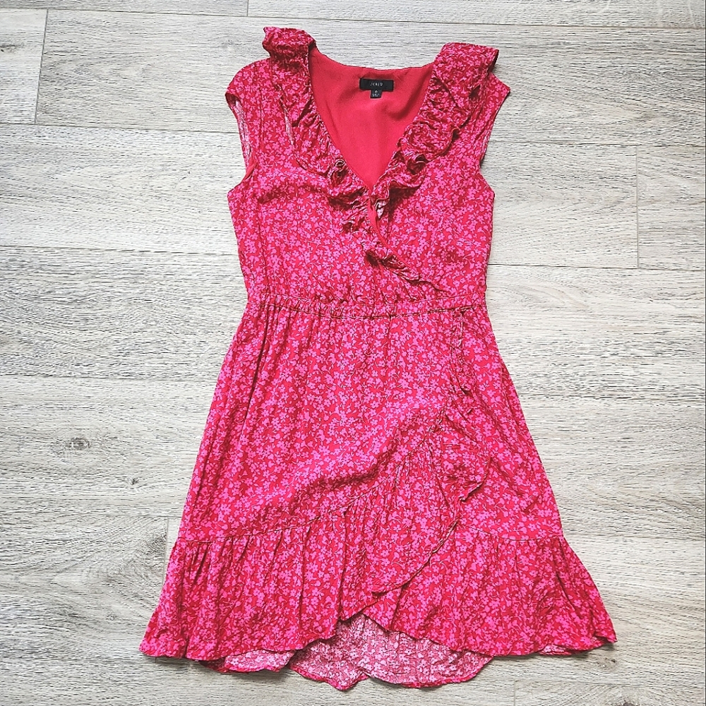 J. Crew Red Pink Floral Ruffle Dress Womens 0 Sleeveless Faux Wrap